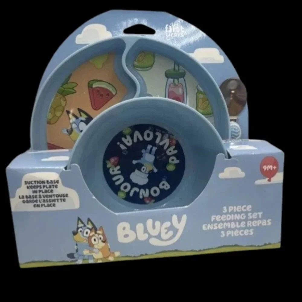 The First Years Blue 3 Piece Feeding Set Plate Bowl Spoon BPA Free Suction Base